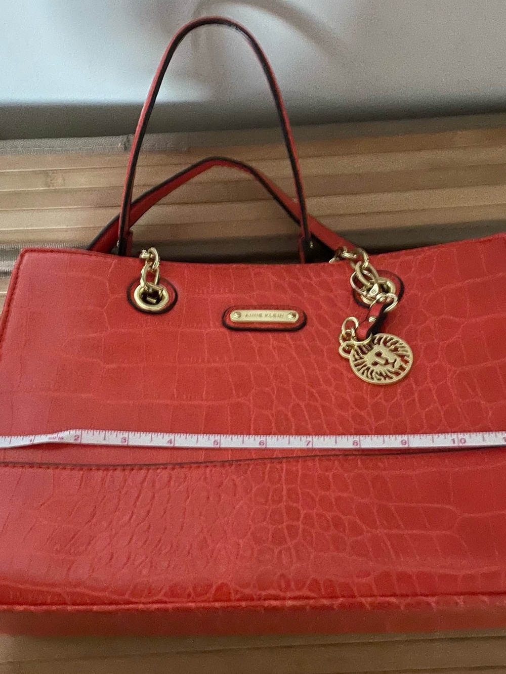Anne Klein Reddish Orange/Coral Croc-Embossed Shoulder Tote with Gold Hardware - Picture 9 of 10